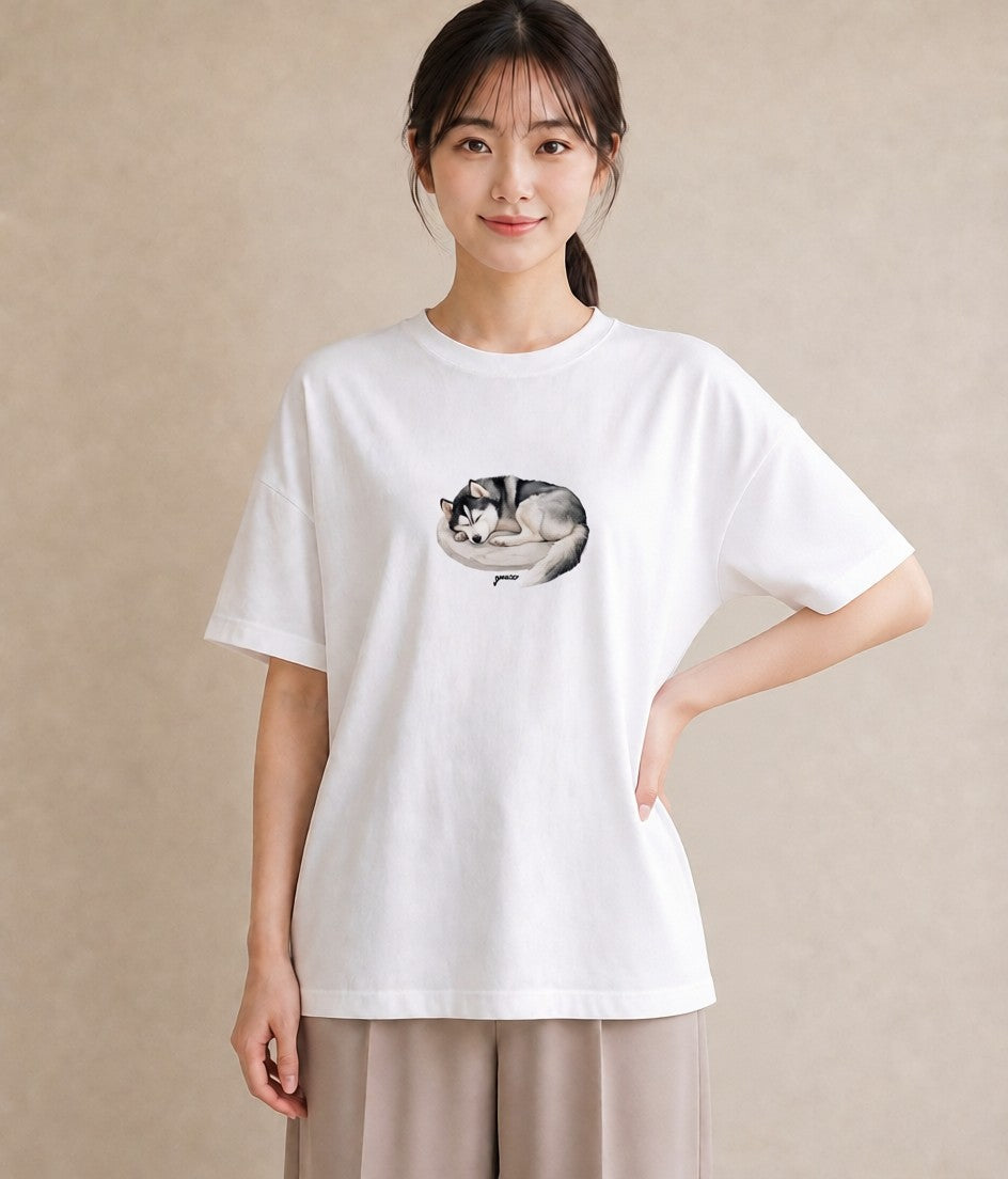 Tシャツ レディース シベリアンハスキー 犬 いぬ イラスト ヴィンテージ風 週末コーデ 敬老の日 白T