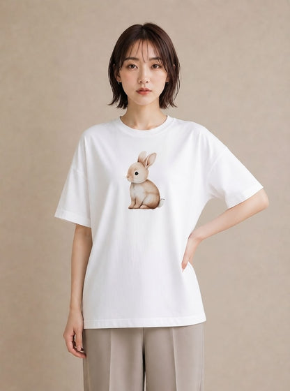 Tシャツ レディース ウサギ系野生 動物 アニマル イラスト きれいめカジュアル ホワイトデー 春服 白T