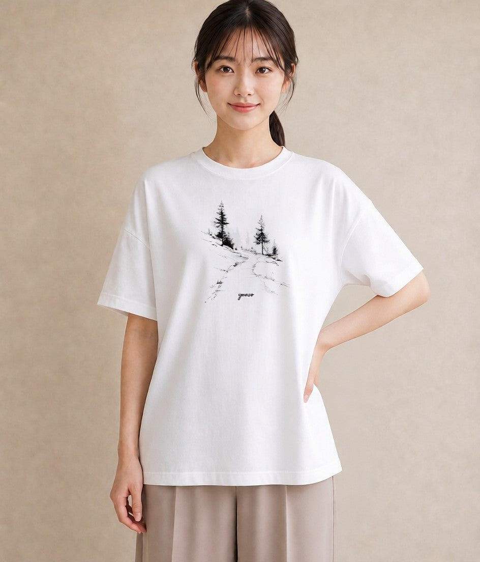 デザインTシャツ レディース 雨上がりの小道 雨上がり 小道 ナチュラル アンティーク イラスト 淡色 通勤 在宅 白T