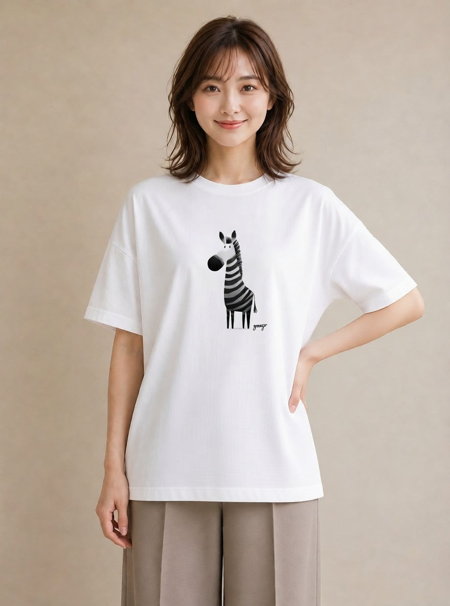 半袖Tシャツ レディース しまうま 動物 アニマル イラスト 個性的 春服 ミセス 白T