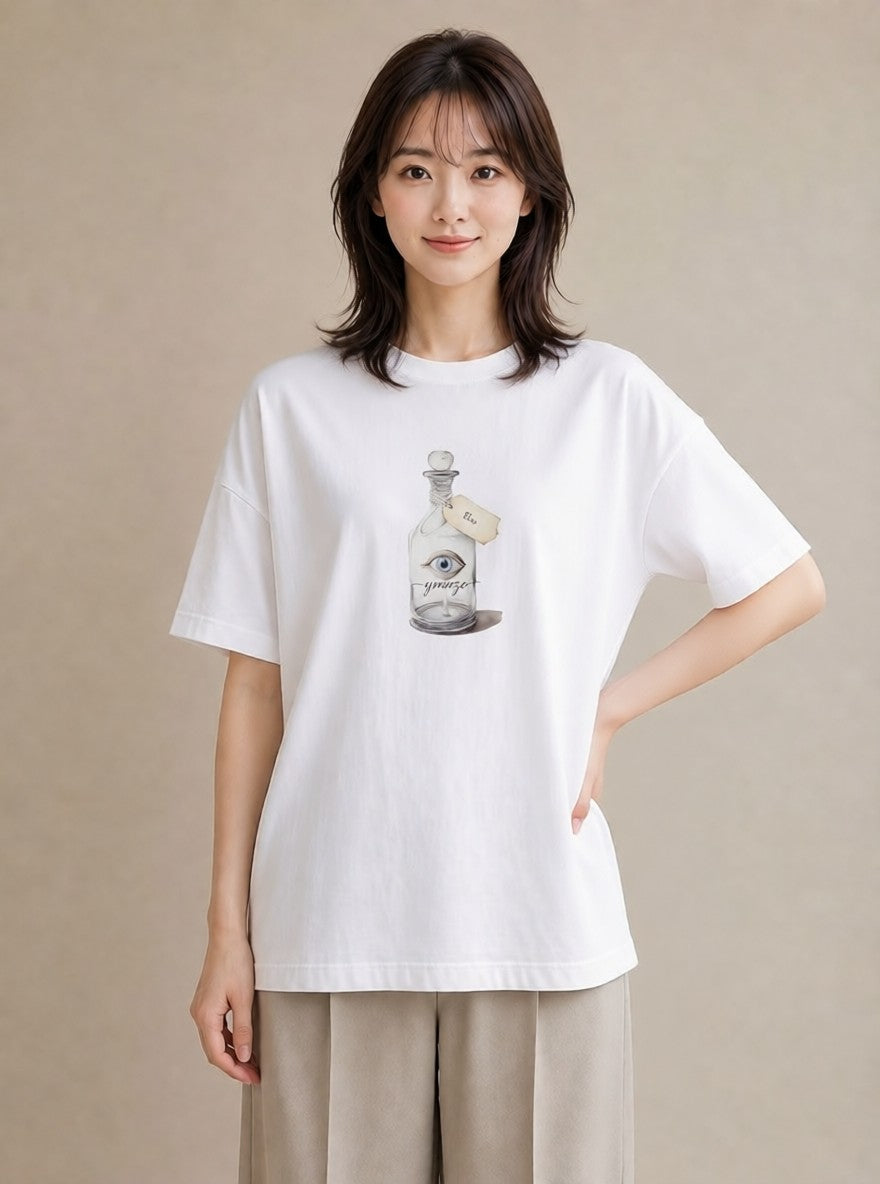 Tシャツ レディース ガラス瓶 小枝 ボタニカル ナチュラル アンティーク イラスト カジュアル 自分用 ルームウェア 白T
