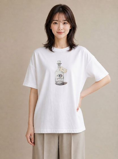 Tシャツ レディース ガラス瓶 小枝 ボタニカル ナチュラル アンティーク イラスト カジュアル 自分用 ルームウェア 白T