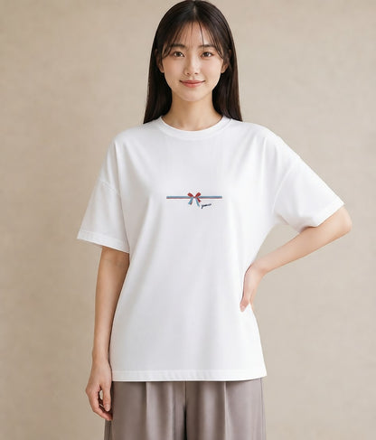 プリントTシャツ レディース リボン ボウ りぼん イラスト 普段使い 通勤 在宅 白T