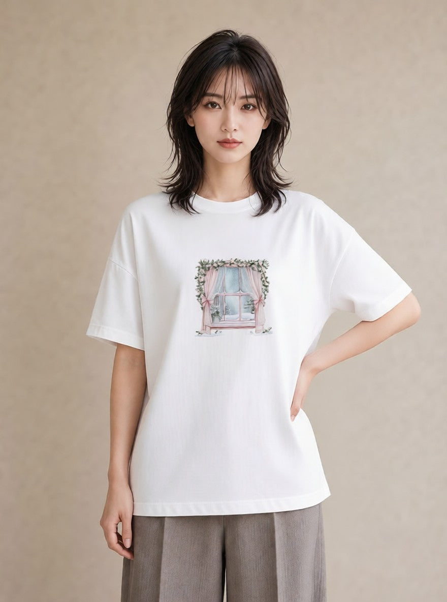 プリントTシャツ レディース 窓辺の雨 雨の日 窓 ナチュラル アンティーク イラスト こなれ感 ママ カフェ服 白T