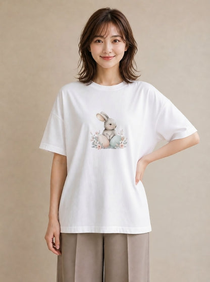 デザインTシャツ レディース ウサギ系野生 動物 アニマル イラスト シンプル お揃い 親子 白T