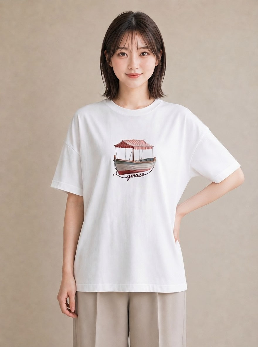 Tシャツ レディース 桟橋 水辺 波止場 ナチュラル アンティーク イラスト ママ カフェ服 白T
