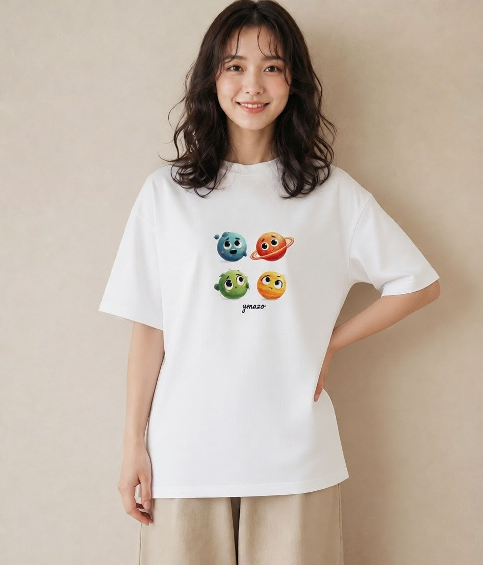 プリントTシャツ レディース 土星 星空 宇宙 イラスト 抜け感 春コーデ 姉妹 白T