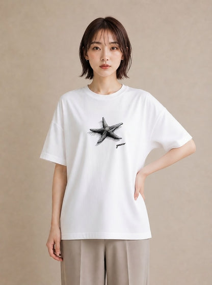 Tシャツ レディース ヒトデ 海の生き物 海 イラスト ラフカジュアル 公園 ママ 白T