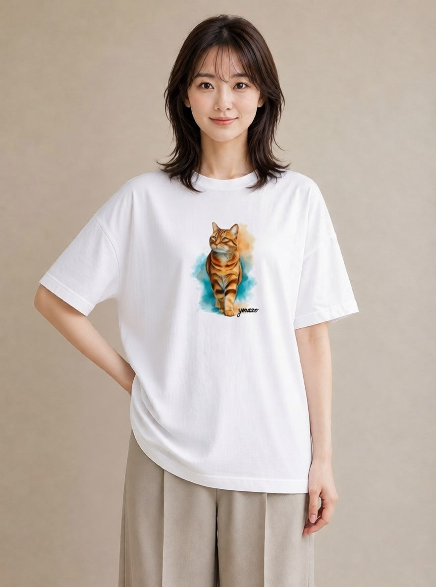 デザインTシャツ レディース おすわり猫 猫 ねこ イラスト 上品 カジュアルコーデ 買い物 白T