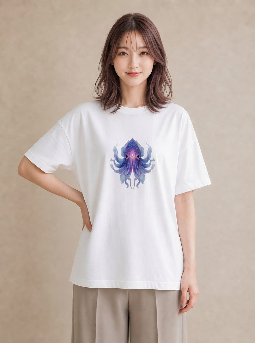 グラフィックTシャツ レディース タコ 海の生き物 海 イラスト ヴィンテージ風 ラフ レイヤード 白T