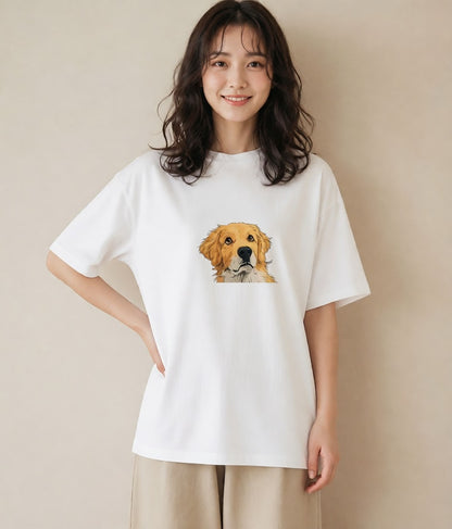 半袖Tシャツ レディース ゴールデンレトリバー ゴールデン 犬 いぬ イラスト レトロ 綿100 デート 白T