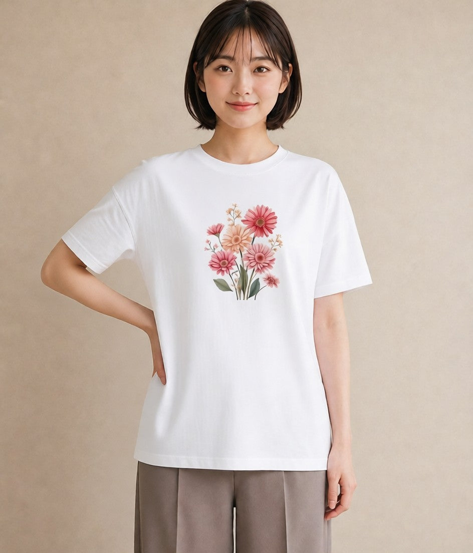 プリントTシャツ レディース マーガレット 花 花柄 イラスト ラフ 休日 ペアコーデ 白T