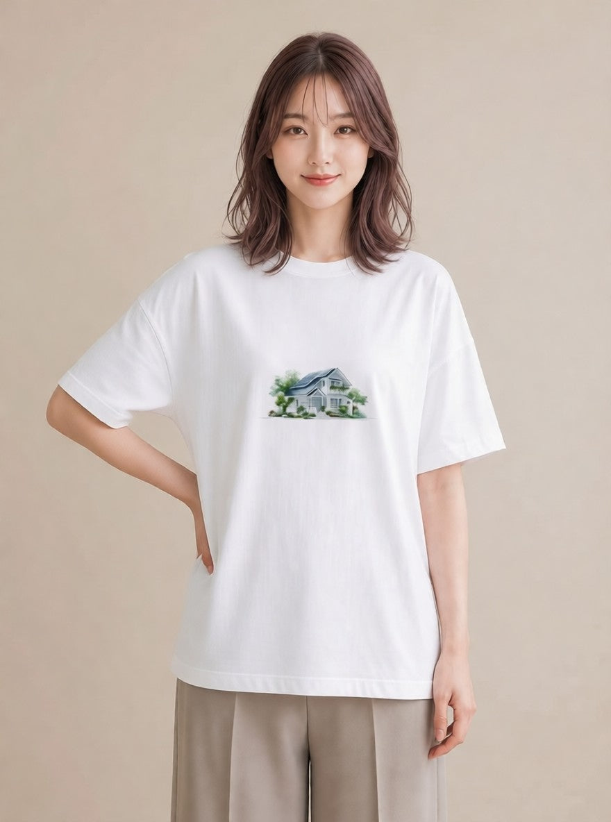 半袖Tシャツ レディース 遠い家と鳥 風景 鳥 ナチュラル アンティーク イラスト きれいめ 旅行 母娘コーデ 白T