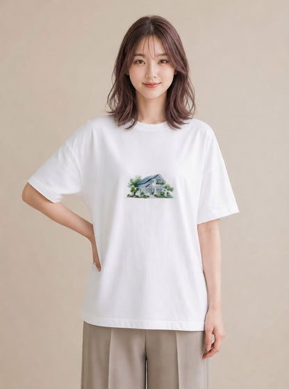 半袖Tシャツ レディース 遠い家と鳥 風景 鳥 ナチュラル アンティーク イラスト きれいめ 旅行 母娘コーデ 白T