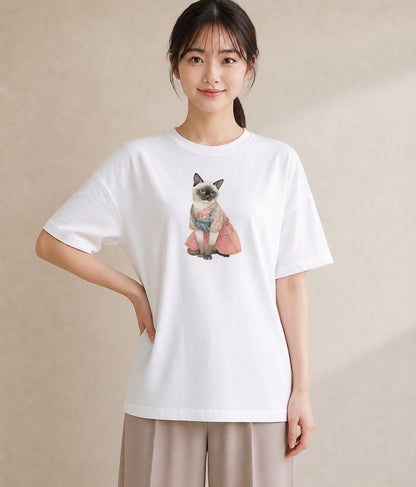 グラフィックTシャツ レディース 猫好き 猫 ねこ イラスト きれいめ 散歩 お出かけ 白T