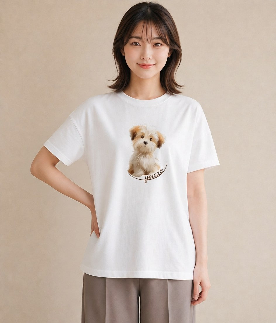 Tシャツ レディース わんちゃん 犬 いぬ イラスト ミニマル 普段着 週末コーデ 白T