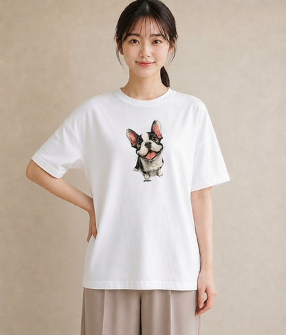 プリントTシャツ レディース フレンチブルドッグ フレブル 犬 いぬ イラスト 上品 ラフ レイヤード 白T