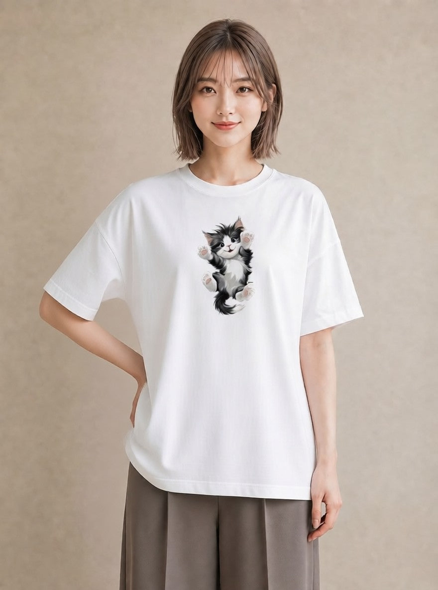 グラフィックTシャツ レディース 靴下猫 猫 ねこ イラスト カジュアル 20代 カジュアルコーデ 白T