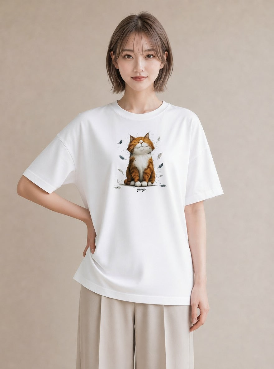 半袖Tシャツ レディース 茶トラ 茶猫 猫 ねこ イラスト シック 綿100 デート 白T