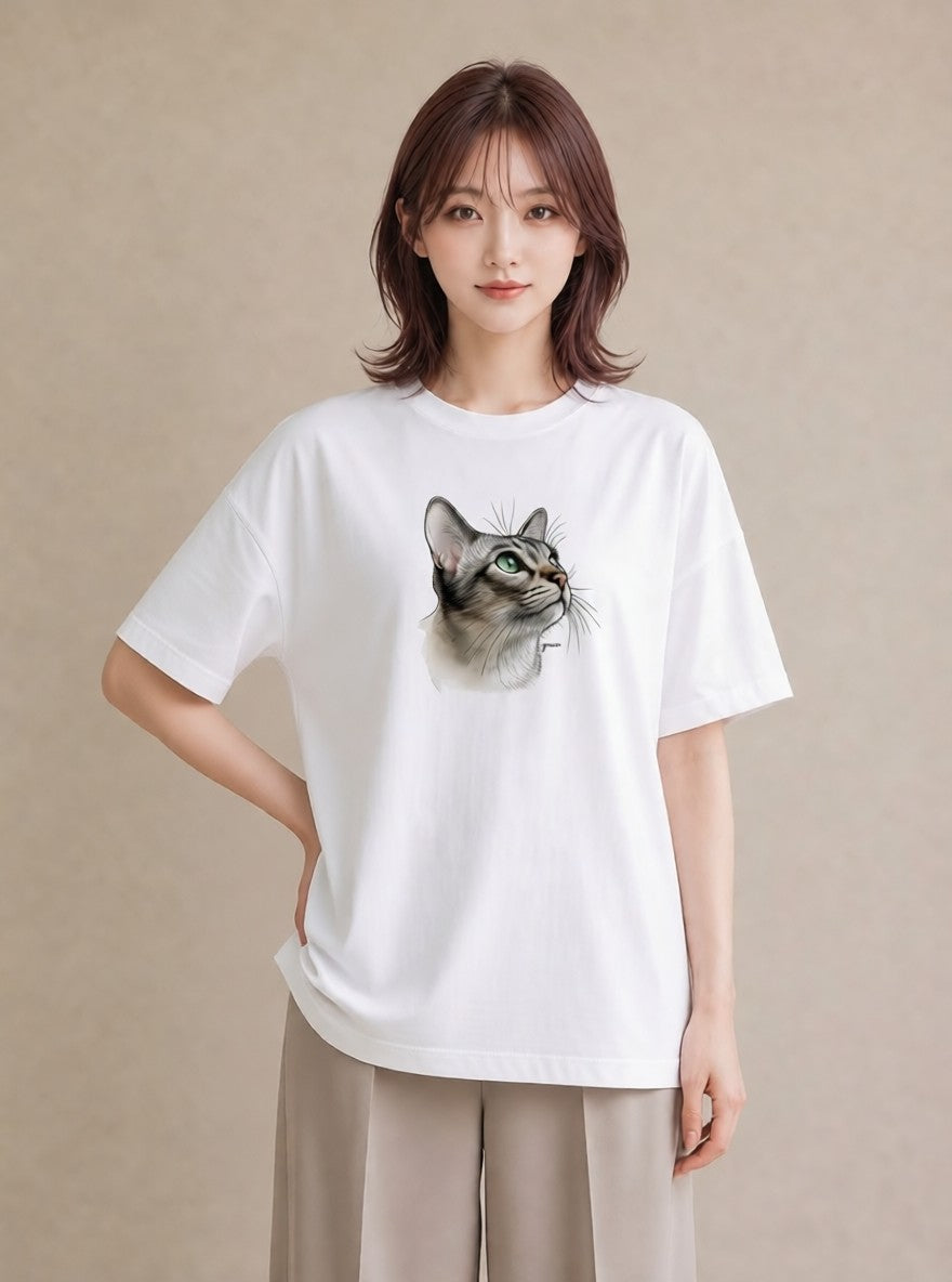 デザインTシャツ レディース アメリカンショートヘア 猫 ねこ イラスト こなれ感 秋コーデ おしゃれギフト 白T