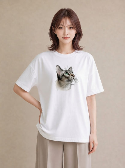 デザインTシャツ レディース アメリカンショートヘア 猫 ねこ イラスト こなれ感 秋コーデ おしゃれギフト 白T