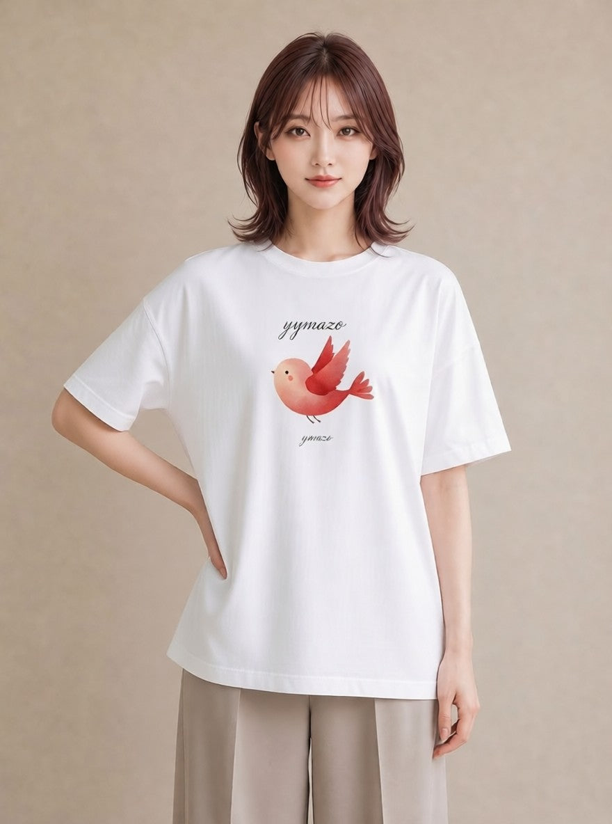 プリントTシャツ レディース 文鳥 ペット 動物 イラスト 線画 ペアコーデ 秋コーデ 白T