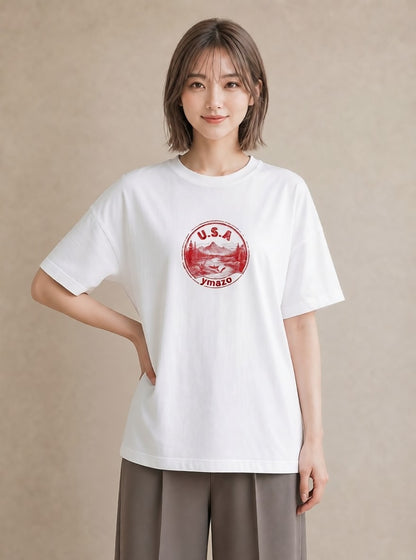 グラフィックTシャツ レディース 旅 トラベル スタンプ イラスト 韓国風 カジュアルコーデ 買い物 白T