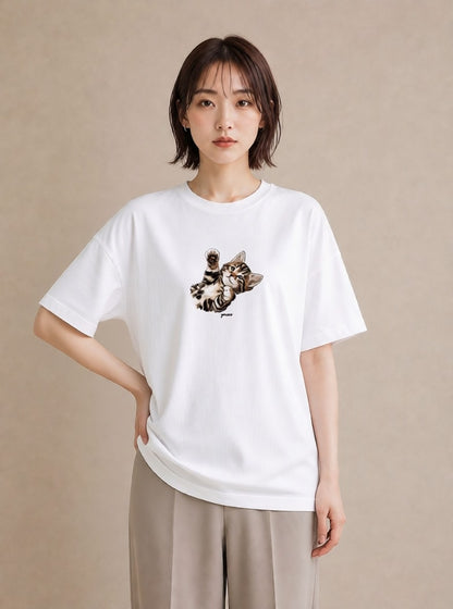 プリントTシャツ レディース ぶち猫 猫 ねこ イラスト ポップ 母娘コーデ 自分用 白T