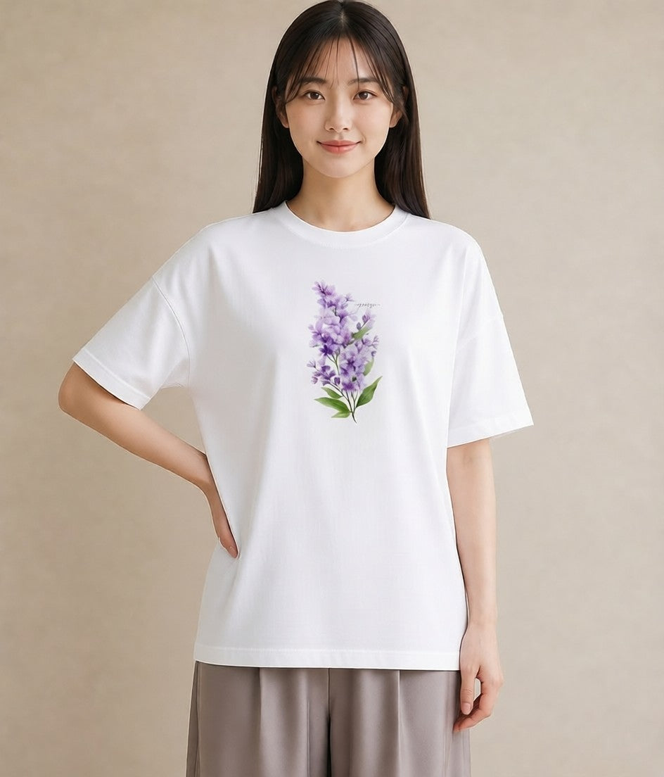 プリントTシャツ レディース ラベンダー 花 花柄 イラスト ラフカジュアル 友達ギフト 部屋着 白T