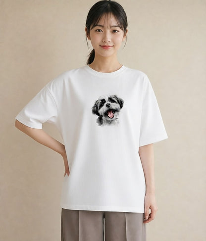 半袖Tシャツ レディース ペキニーズ 犬 いぬ イラスト ニュアンス 親子 20代 白T