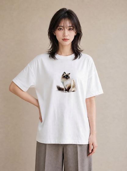 プリントTシャツ レディース おすわり猫 猫 ねこ イラスト フェミニン 普段着 週末コーデ 白T