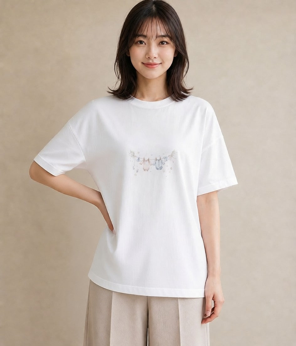 グラフィックTシャツ レディース 洗濯物 風 ナチュラル アンティーク イラスト ポップ 自分用 ルームウェア 白T