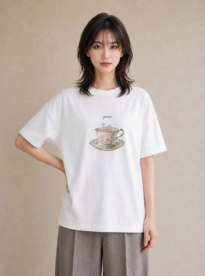 グラフィックTシャツ レディース ハーブティー 食べ物 フード イラスト ガーリー ペアコーデ 秋コーデ 白T