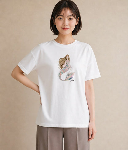 プリントTシャツ レディース 人魚 海の生き物 海 イラスト 普段使い おしゃれギフト 社会人 白T