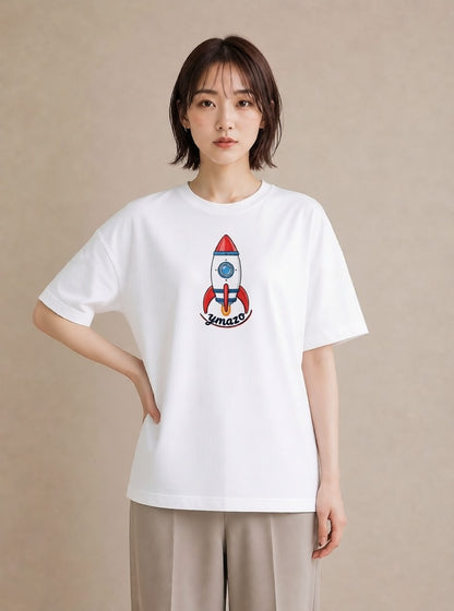 Tシャツ レディース ロケット 星空 宇宙 イラスト ヴィンテージ風 普段着 週末コーデ 白T