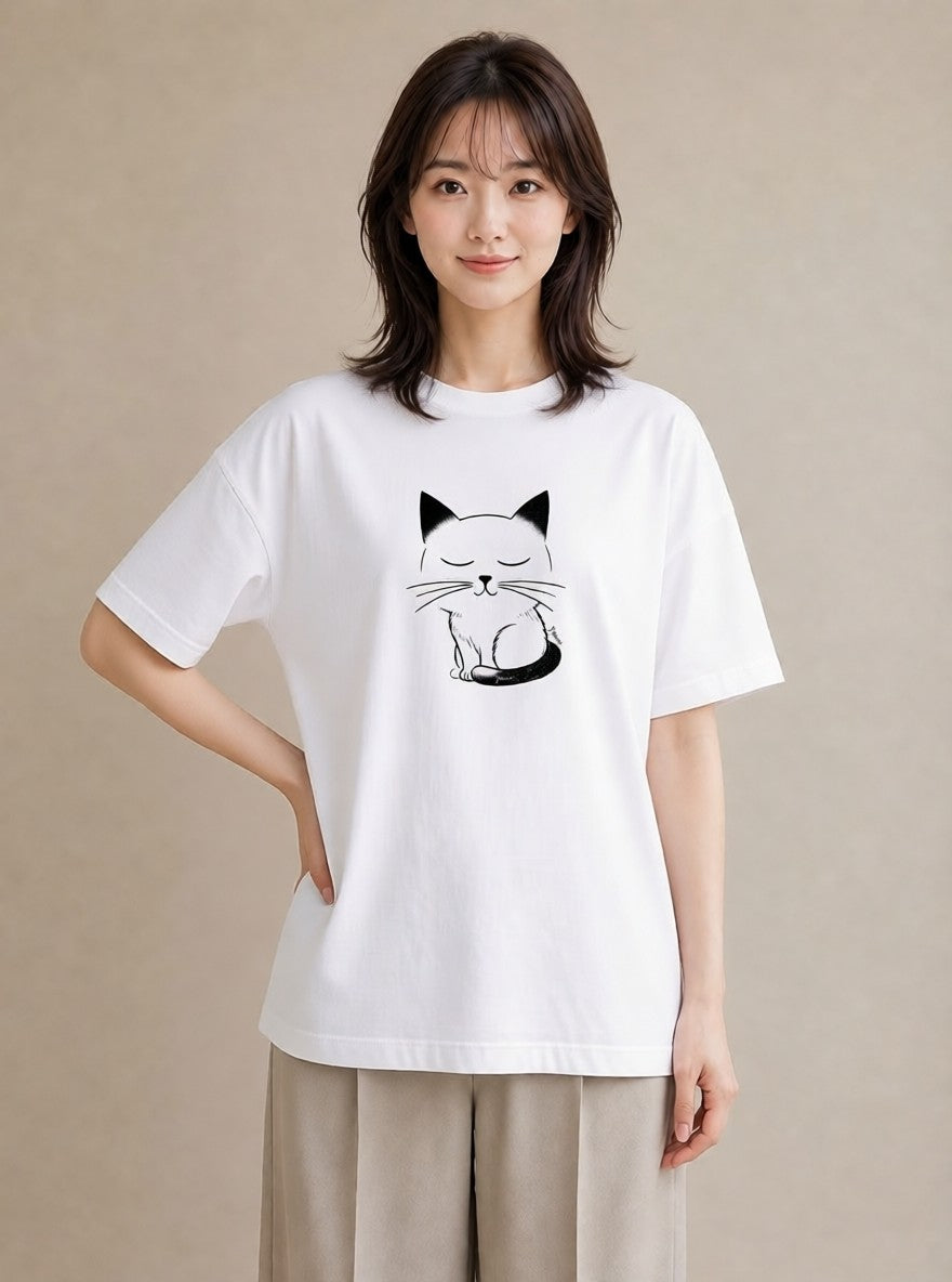デザインTシャツ レディース 猫 ねこ ネコ イラスト デイリーウェア 休日 白T