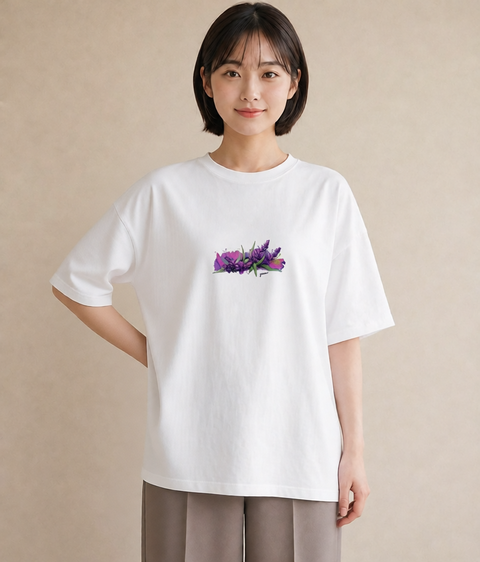 グラフィックTシャツ レディース ラベンダー 花 花柄 イラスト ヴィンテージ風 デート 帰省 白T