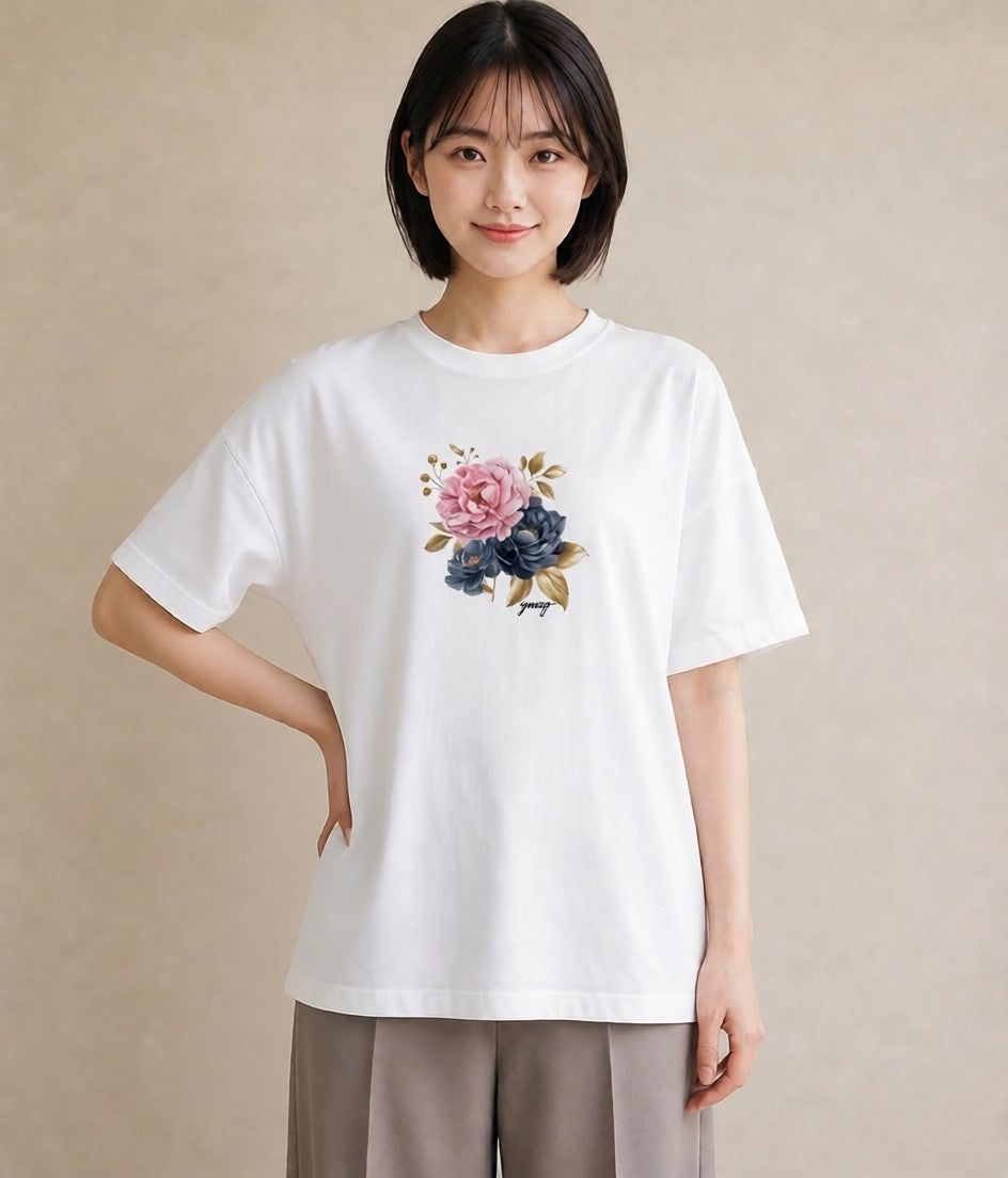 Tシャツ レディース 牡丹 花 花柄 イラスト お洒落 週末コーデ 敬老の日 白T