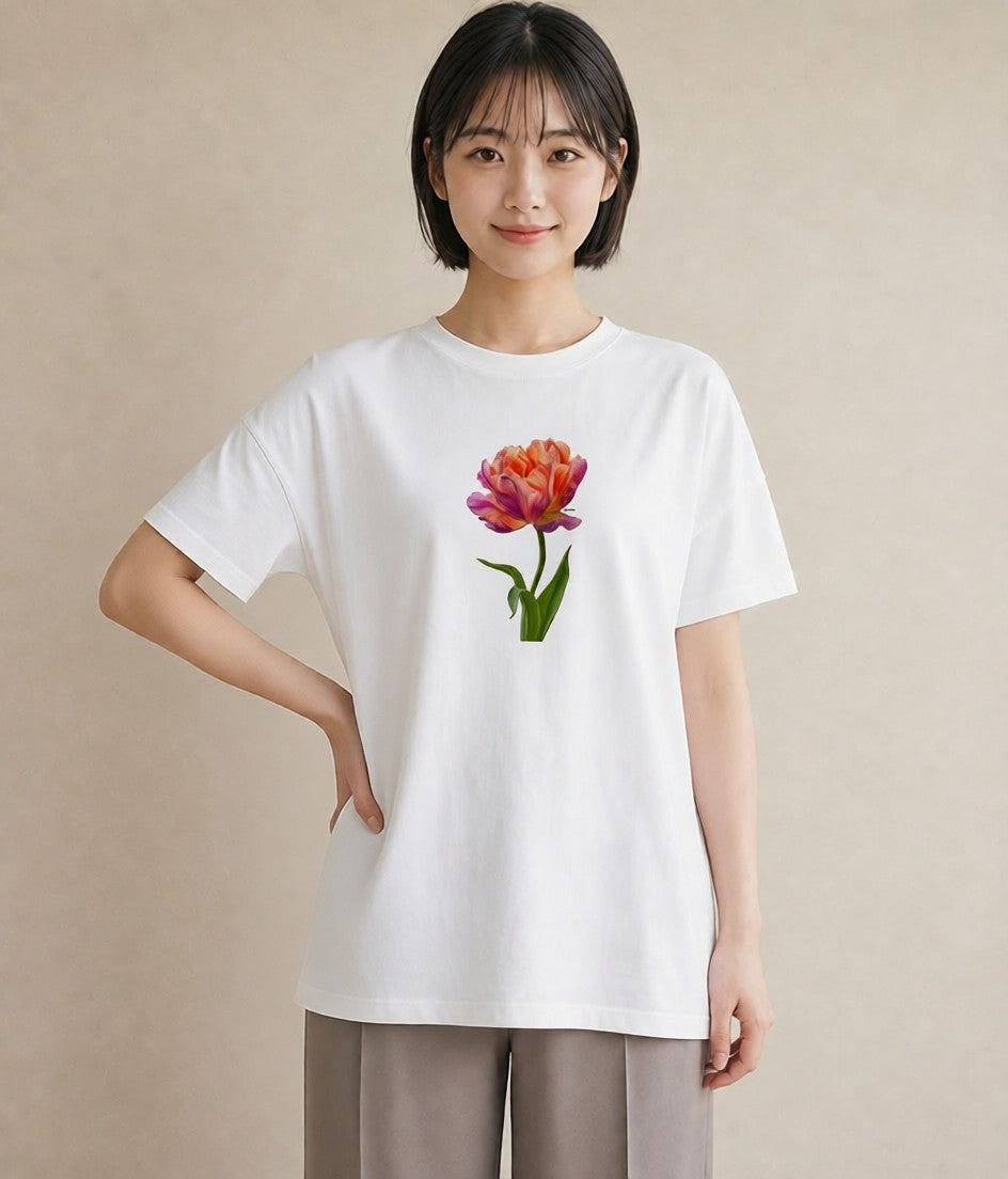 プリントTシャツ レディース チューリップ 花 花柄 イラスト シック ミセス 春コーデ 白T
