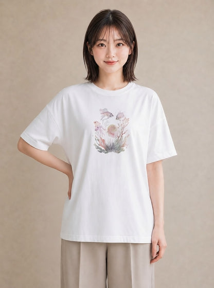 デザインTシャツ レディース サンゴ 海の生き物 海 イラスト 線画 友達ギフト 部屋着 白T