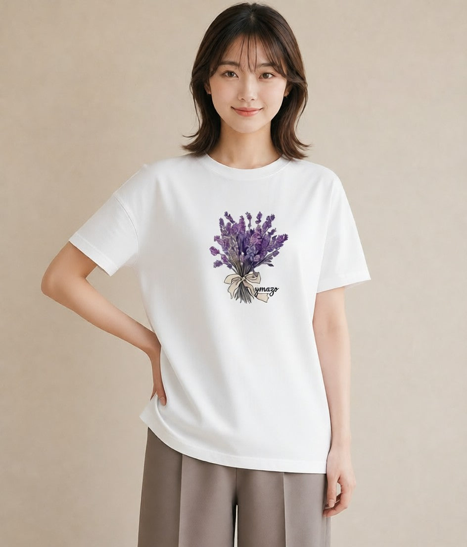 グラフィックTシャツ レディース ラベンダー 花 花柄 イラスト カフェコーデ クリスマス 旅行 白T