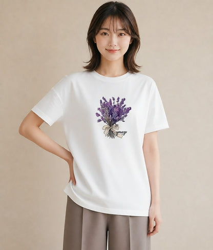 グラフィックTシャツ レディース ラベンダー 花 花柄 イラスト カフェコーデ クリスマス 旅行 白T