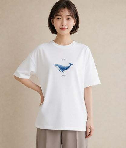 プリントTシャツ レディース ジンベエザメ 海の生き物 海 イラスト ゆるコーデ ペアコーデ 秋コーデ 白T