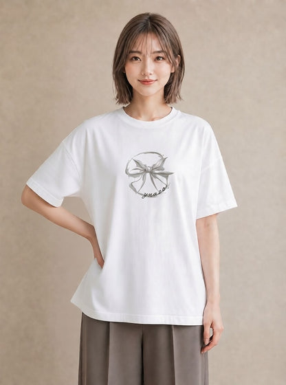 Tシャツ レディース リボン ボウ りぼん イラスト ボタニカル 敬老の日 ホワイトデー 白T