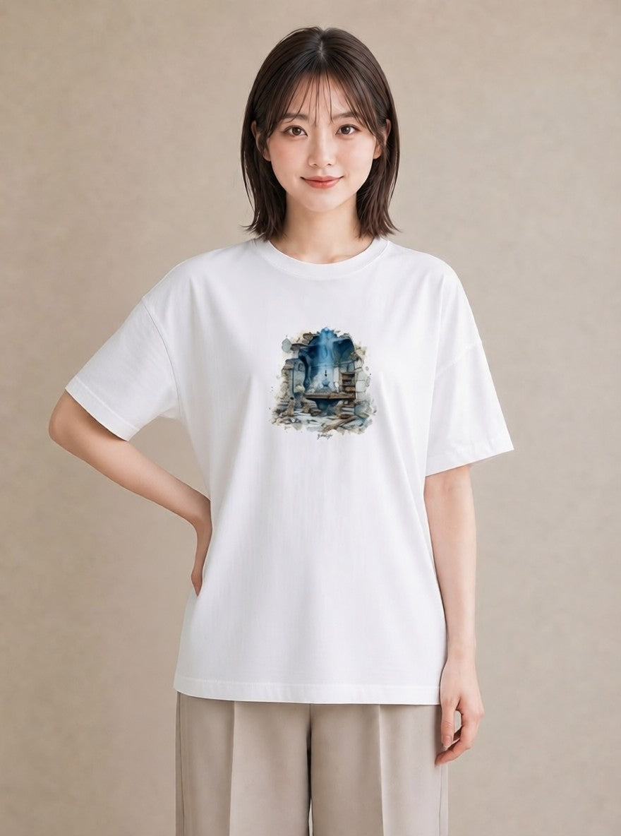 プリントTシャツ レディース 駅のホーム ローカル線 駅 ナチュラル アンティーク イラスト 韓国風 海 カフェ巡り 白T