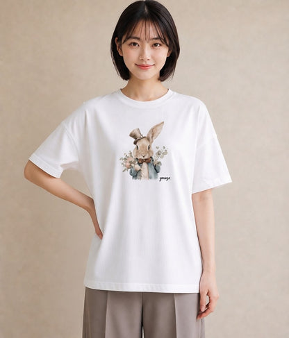デザインTシャツ レディース ライオンラビット ペット 動物 イラスト 旅行用 海 白T