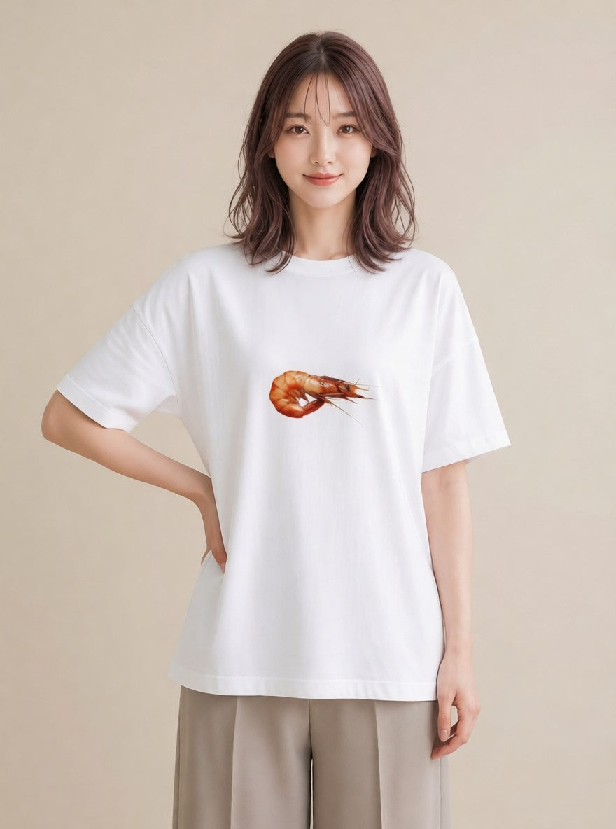 半袖Tシャツ レディース エビ 海の生き物 海 イラスト 水彩風 ビーチ デイリーウェア 白T