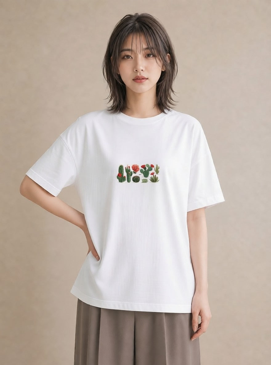 デザインTシャツ レディース サボテン 植物 ボタニカル イラスト ラフ 女性 旅行用 白T