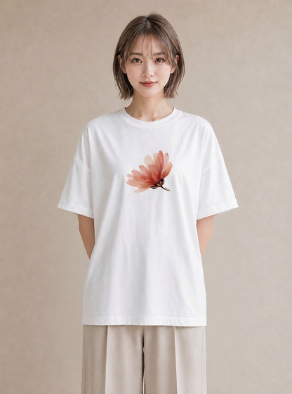 デザインTシャツ レディース コスモス 秋桜 花 花柄 イラスト ゆるかわ ミセス 春コーデ 白T