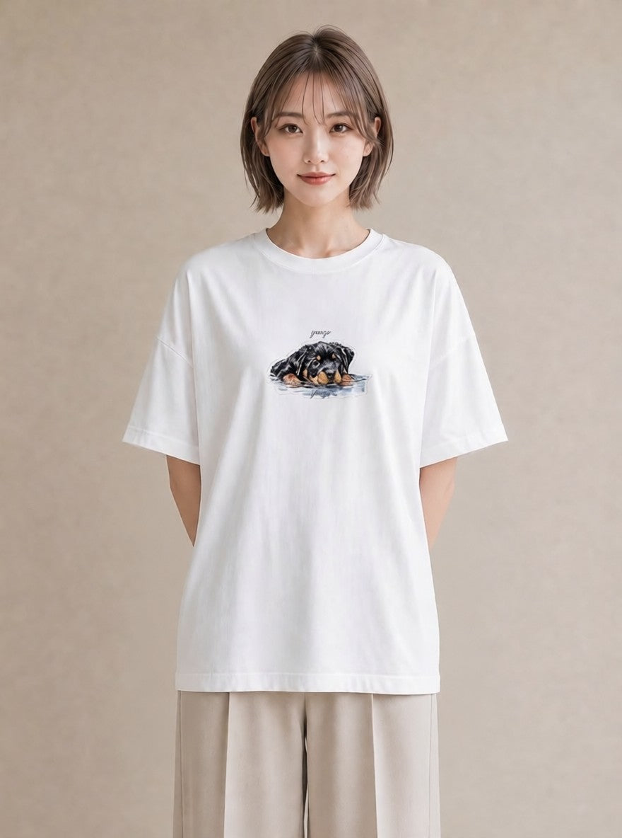 グラフィックTシャツ レディース 黒柴 犬 いぬ イラスト 抜け感 在宅 公園 白T